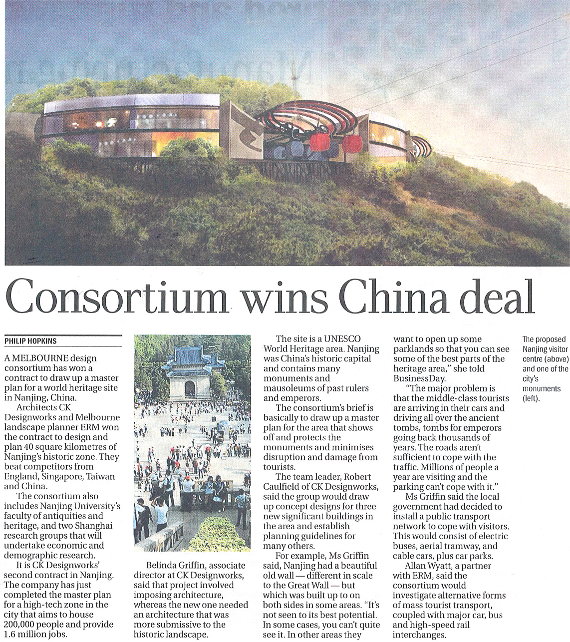 Consortium wins china Deal Age 31AUG2011 - World Heritage Masterplan Features in The Age