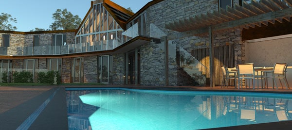 Electric Treehouse Sustainable House Pool View of Facade - Electric-Treehouse-Sustainable-House-Pool-View-of-Facade